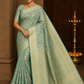 Sea Green Floral Paisley Cotton Silk Saree with Antique Gold Zari