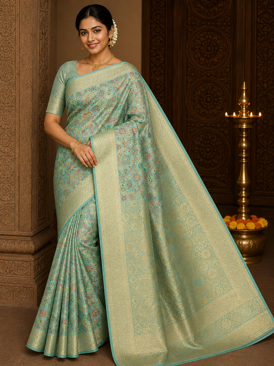 Sea Green Floral Paisley Cotton Silk Saree with Antique Gold Zari