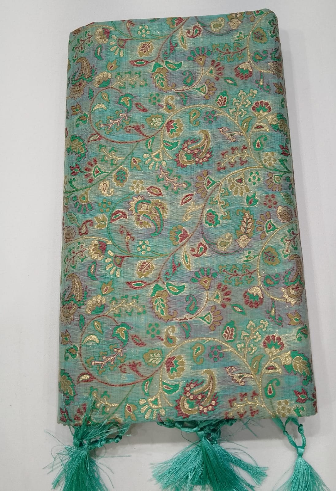 Sea Green Floral Paisley Cotton Silk Saree with Antique Gold Zari
