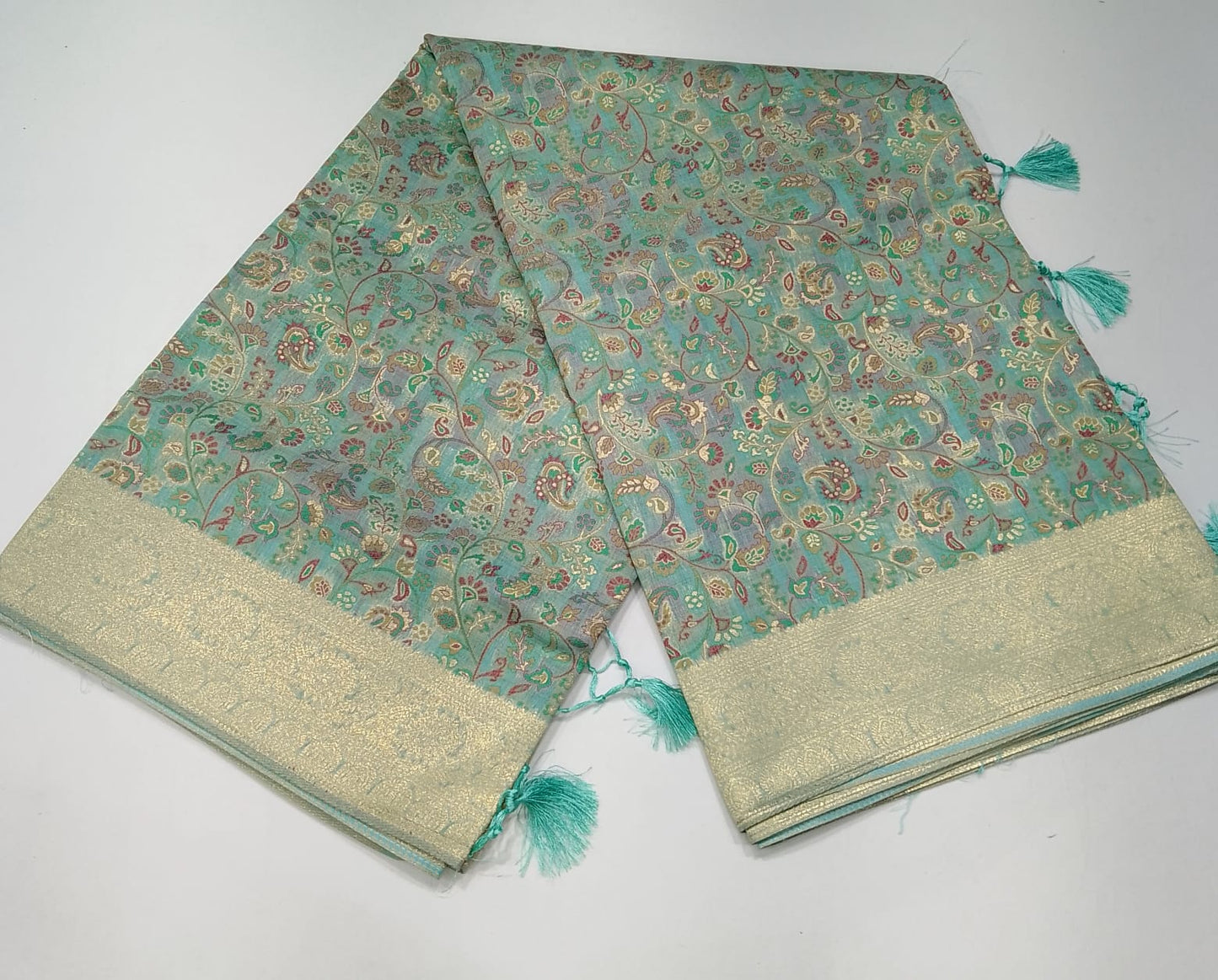 Sea Green Floral Paisley Cotton Silk Saree with Antique Gold Zari
