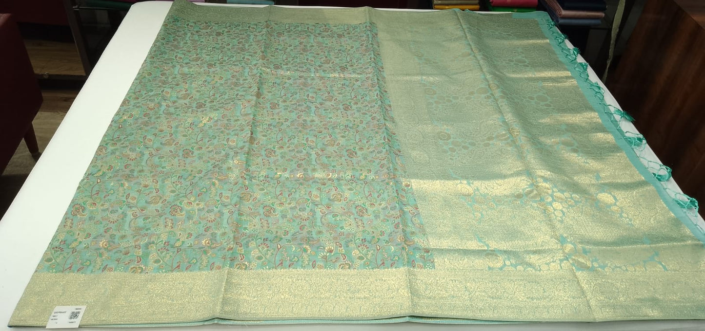 Sea Green Floral Paisley Cotton Silk Saree with Antique Gold Zari