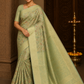 Pista Green Floral Paisley Cotton Silk Saree with Antique Gold Zari