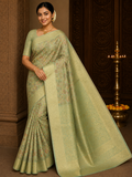 Pista Green Floral Paisley Cotton Silk Saree with Antique Gold Zari