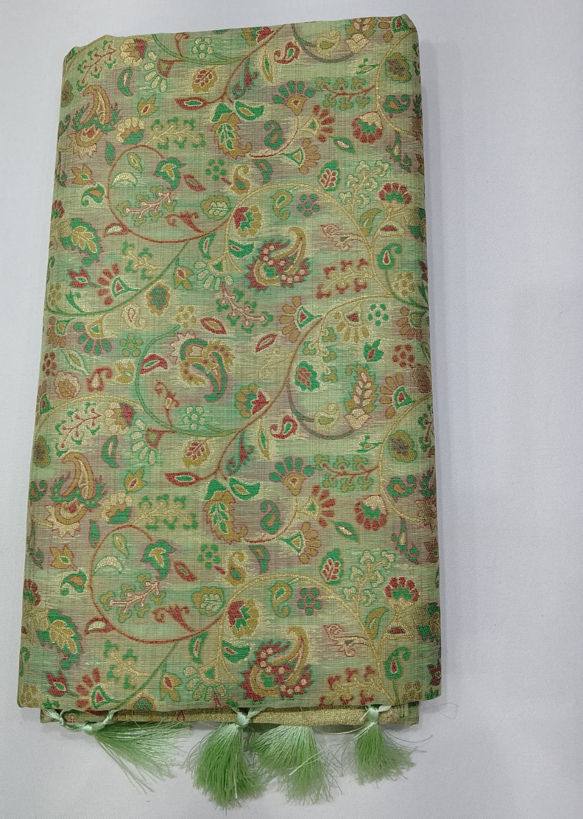 Pista Green Floral Paisley Cotton Silk Saree with Antique Gold Zari