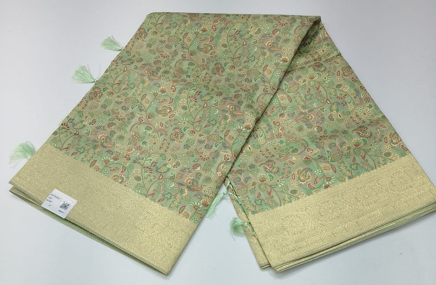 Pista Green Floral Paisley Cotton Silk Saree with Antique Gold Zari