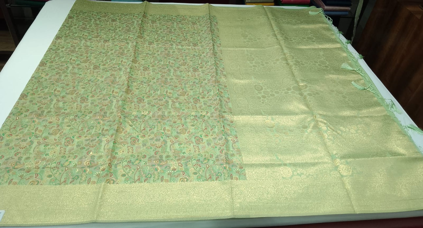 Pista Green Floral Paisley Cotton Silk Saree with Antique Gold Zari