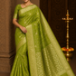 Gajji Satin Silk  Saree - Olive Pista Green  with Gold Zari Checks & Floral Pallu