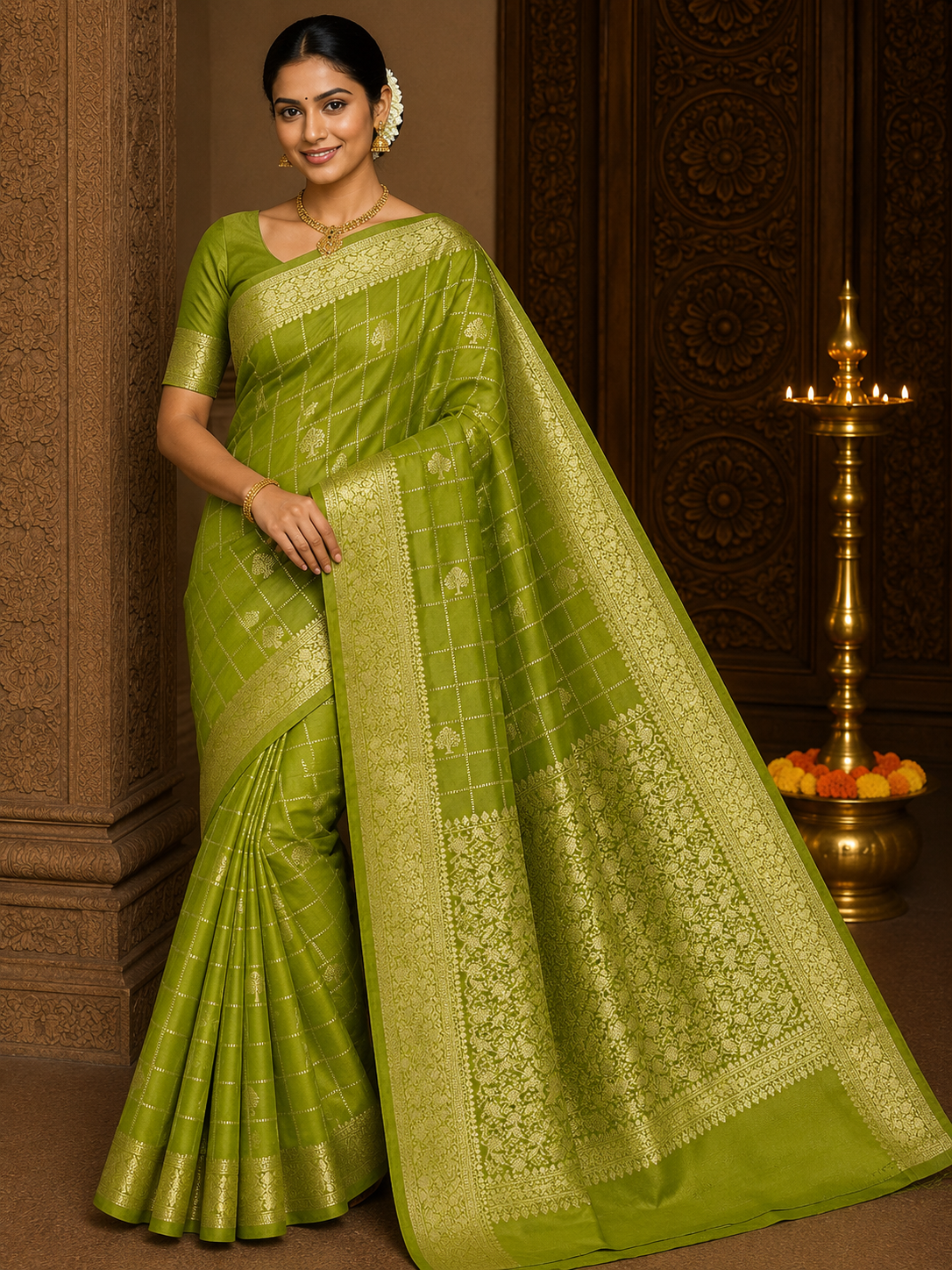 Gajji Satin Silk  Saree - Olive Pista Green  with Gold Zari Checks & Floral Pallu