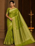Gajji Satin Silk  Saree - Olive Pista Green  with Gold Zari Checks & Floral Pallu