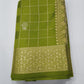 Gajji Satin Silk  Saree - Olive Pista Green  with Gold Zari Checks & Floral Pallu