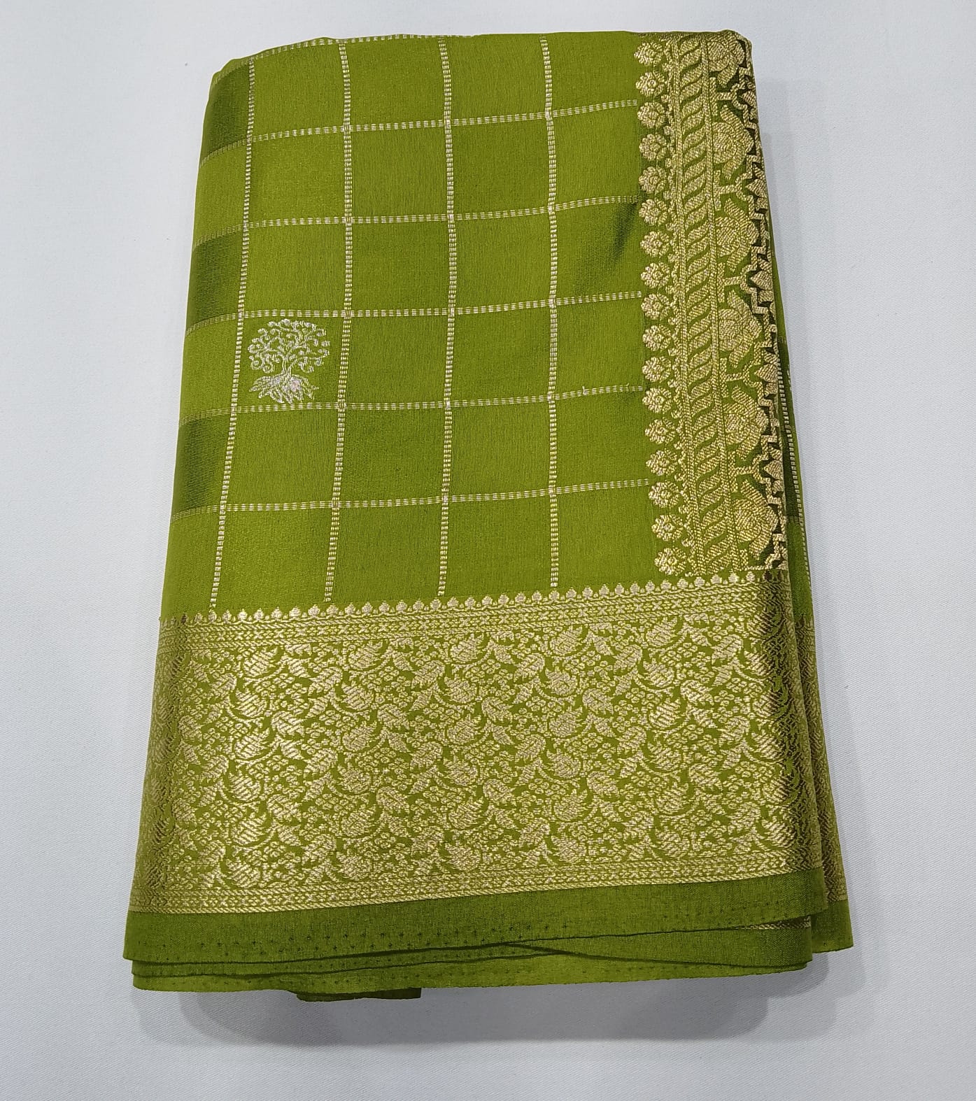 Gajji Satin Silk  Saree - Olive Pista Green  with Gold Zari Checks & Floral Pallu