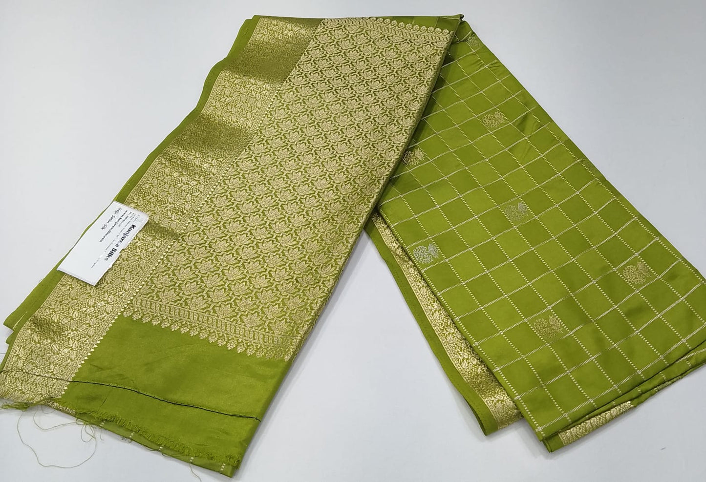 Gajji Satin Silk  Saree - Olive Pista Green  with Gold Zari Checks & Floral Pallu