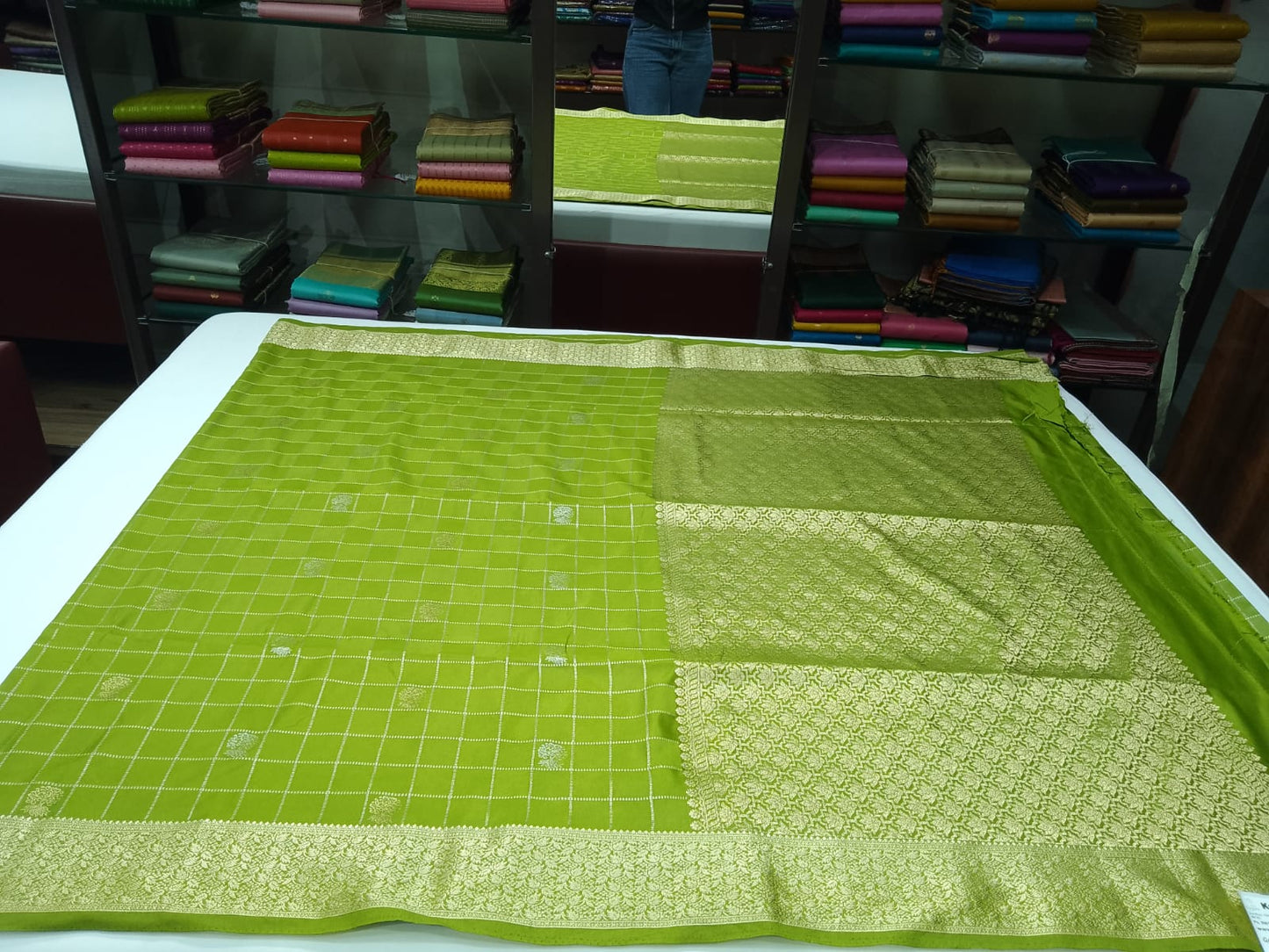 Gajji Satin Silk  Saree - Olive Pista Green  with Gold Zari Checks & Floral Pallu