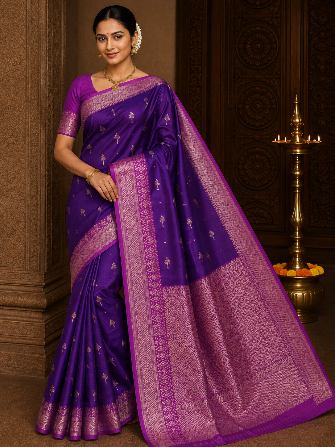 Rich Purple Semi Silk Saree with Zari Checks & Traditional Border