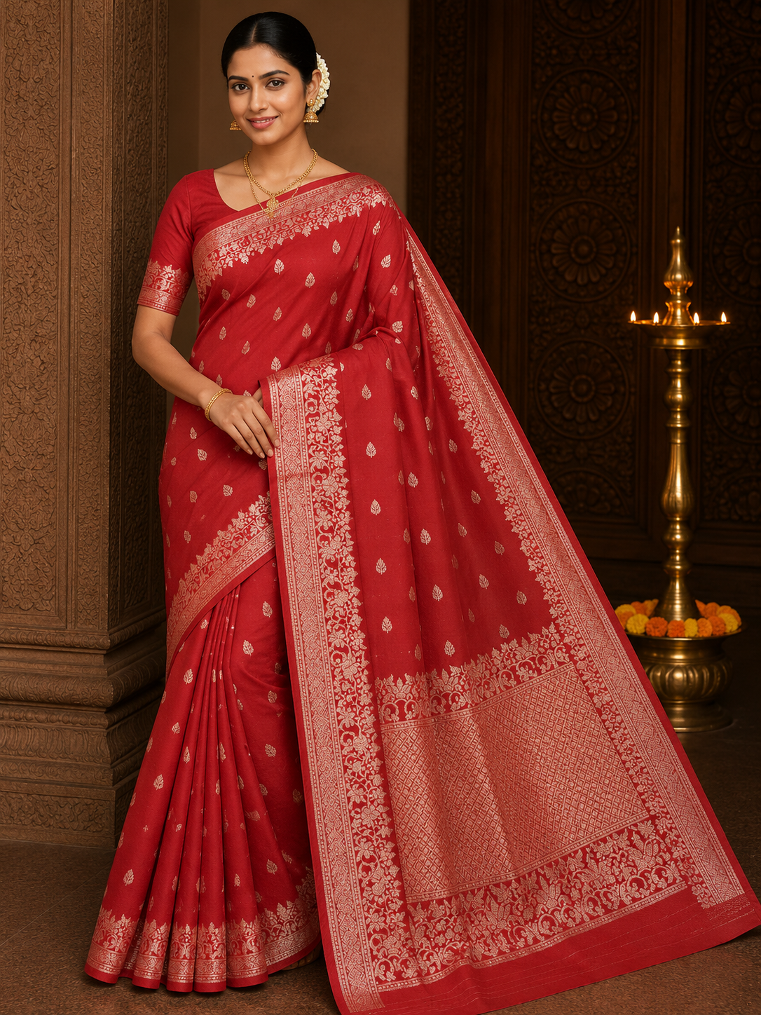 Semi Silk Viscose-Vibrant Red  with Gold Zari Buttas & Traditional Border