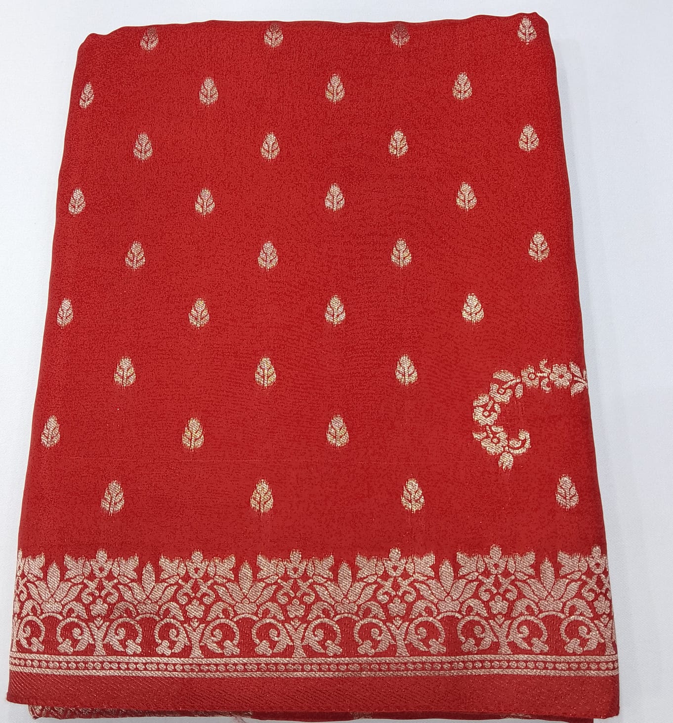 Semi Silk Viscose-Vibrant Red  with Gold Zari Buttas & Traditional Border