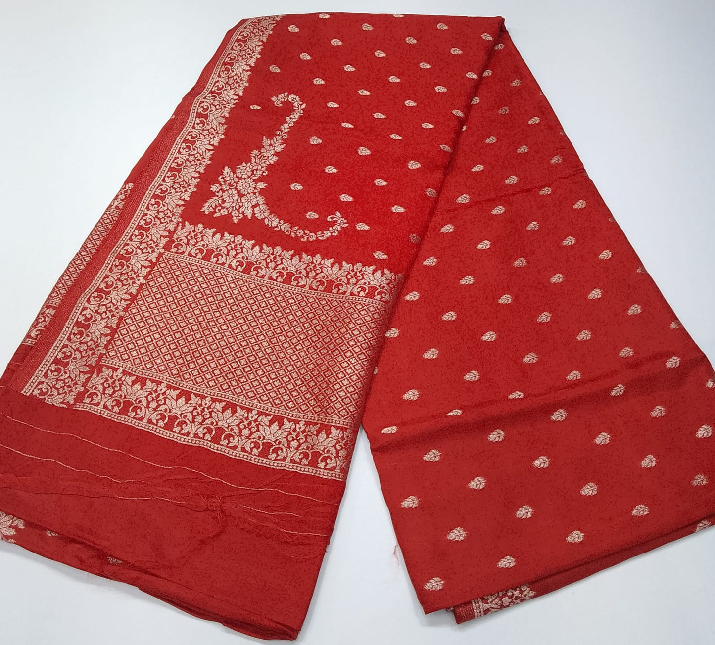Semi Silk Viscose-Vibrant Red  with Gold Zari Buttas & Traditional Border