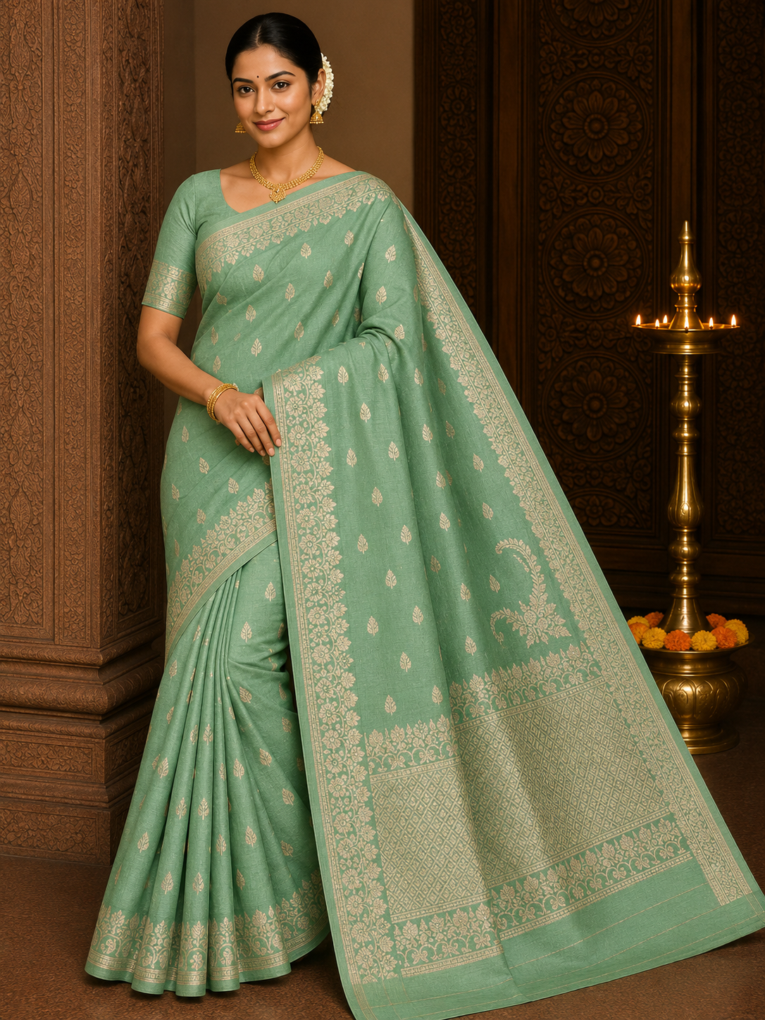 Semi Silk Viscose- Pista Green Semi Silk Saree with Zari Buttas & Floral Zari Border