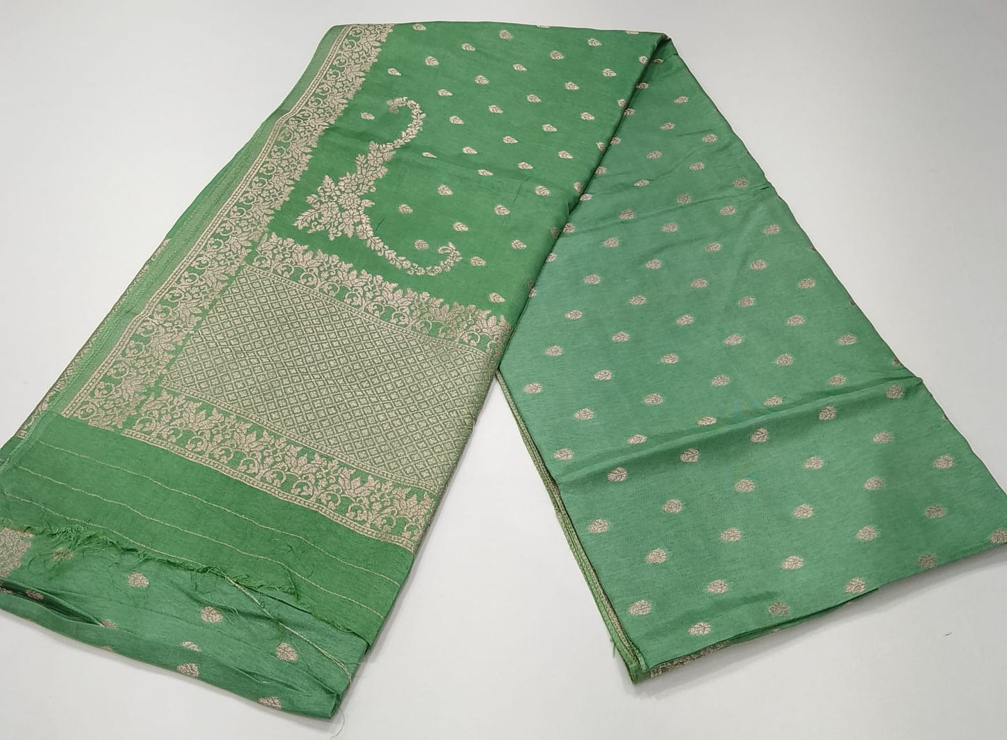 Semi Silk Viscose- Pista Green Semi Silk Saree with Zari Buttas & Floral Zari Border