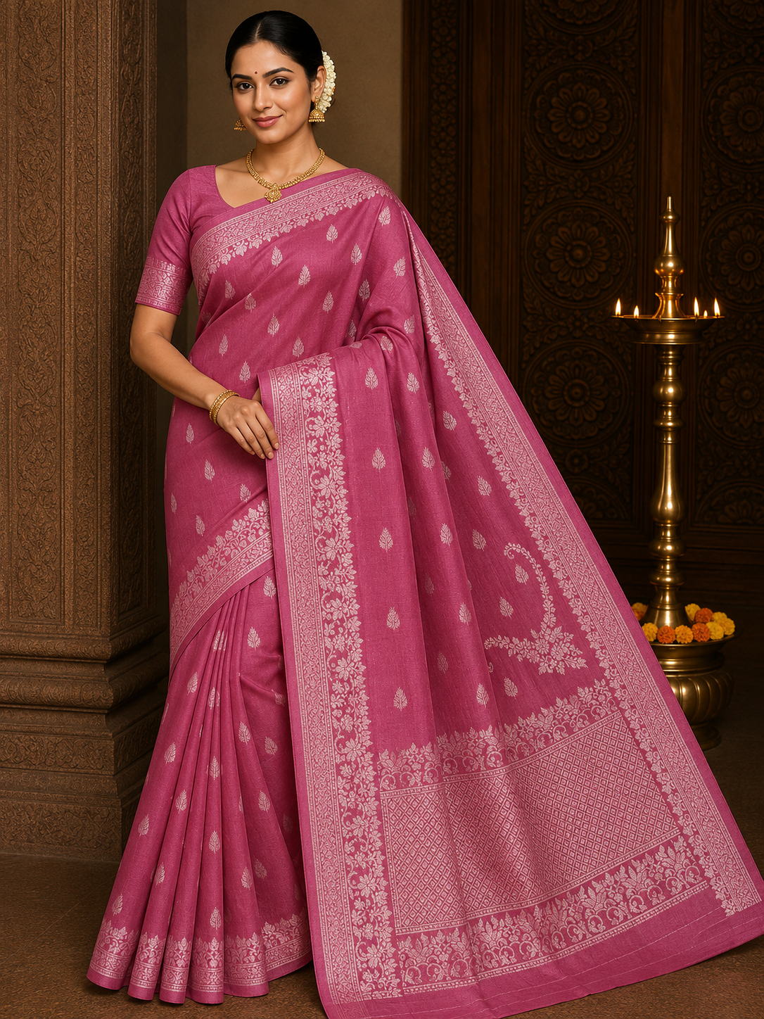 Semi Silk Viscose- Rosewood Pink Saree with Antique Gold Floral Zari Border