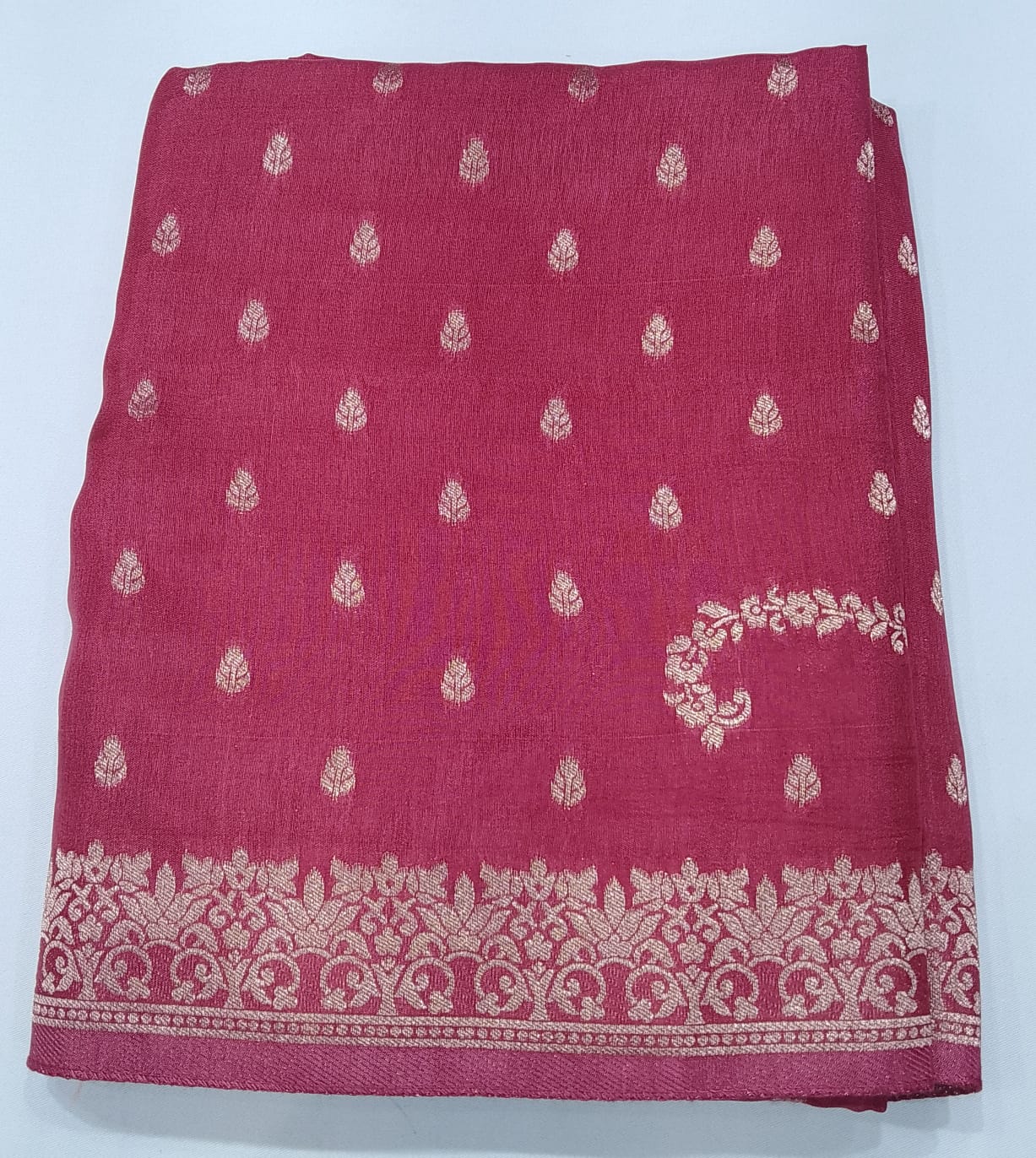 Semi Silk Viscose- Rosewood Pink Saree with Antique Gold Floral Zari Border