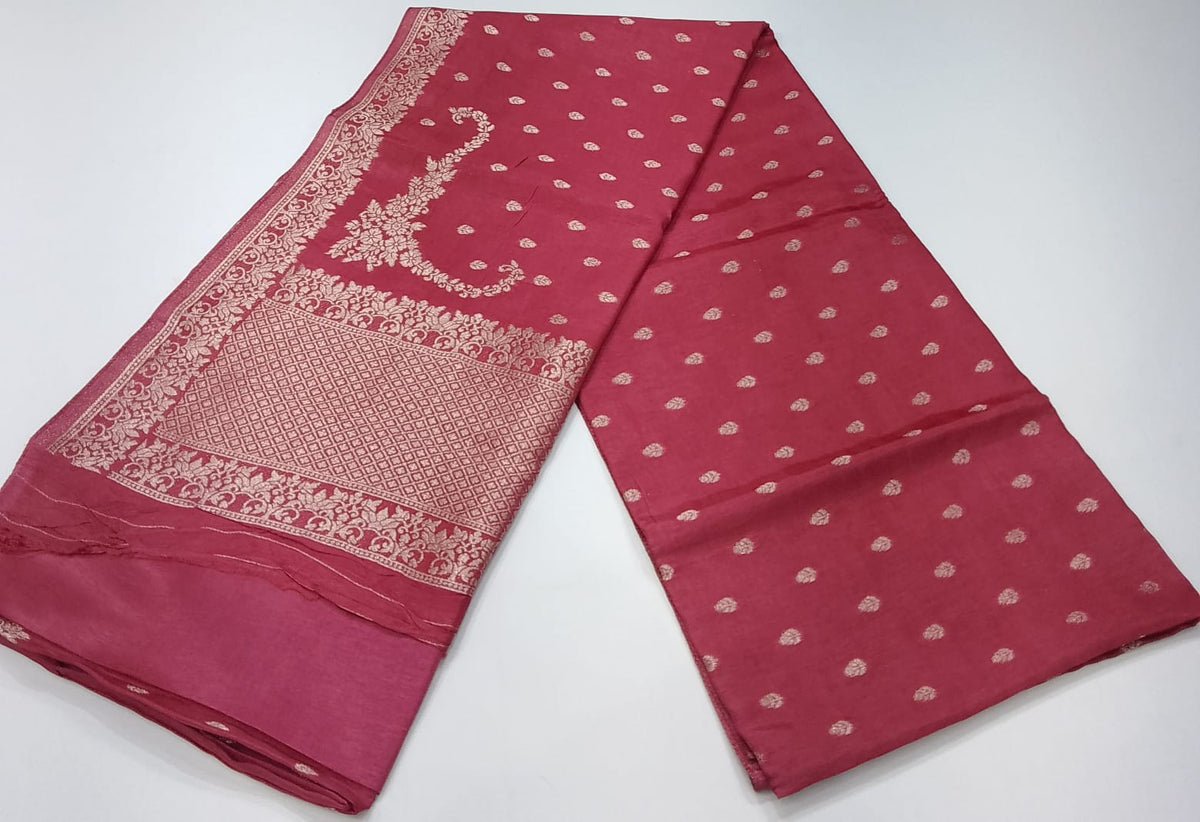 Semi Silk Viscose- Rosewood Pink Saree with Antique Gold Floral Zari Border