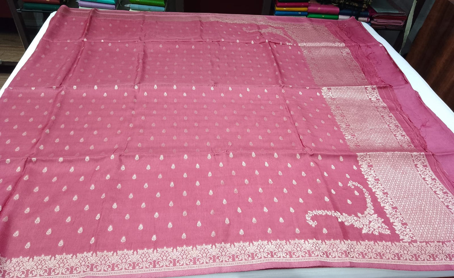 Semi Silk Viscose- Rosewood Pink Saree with Antique Gold Floral Zari Border