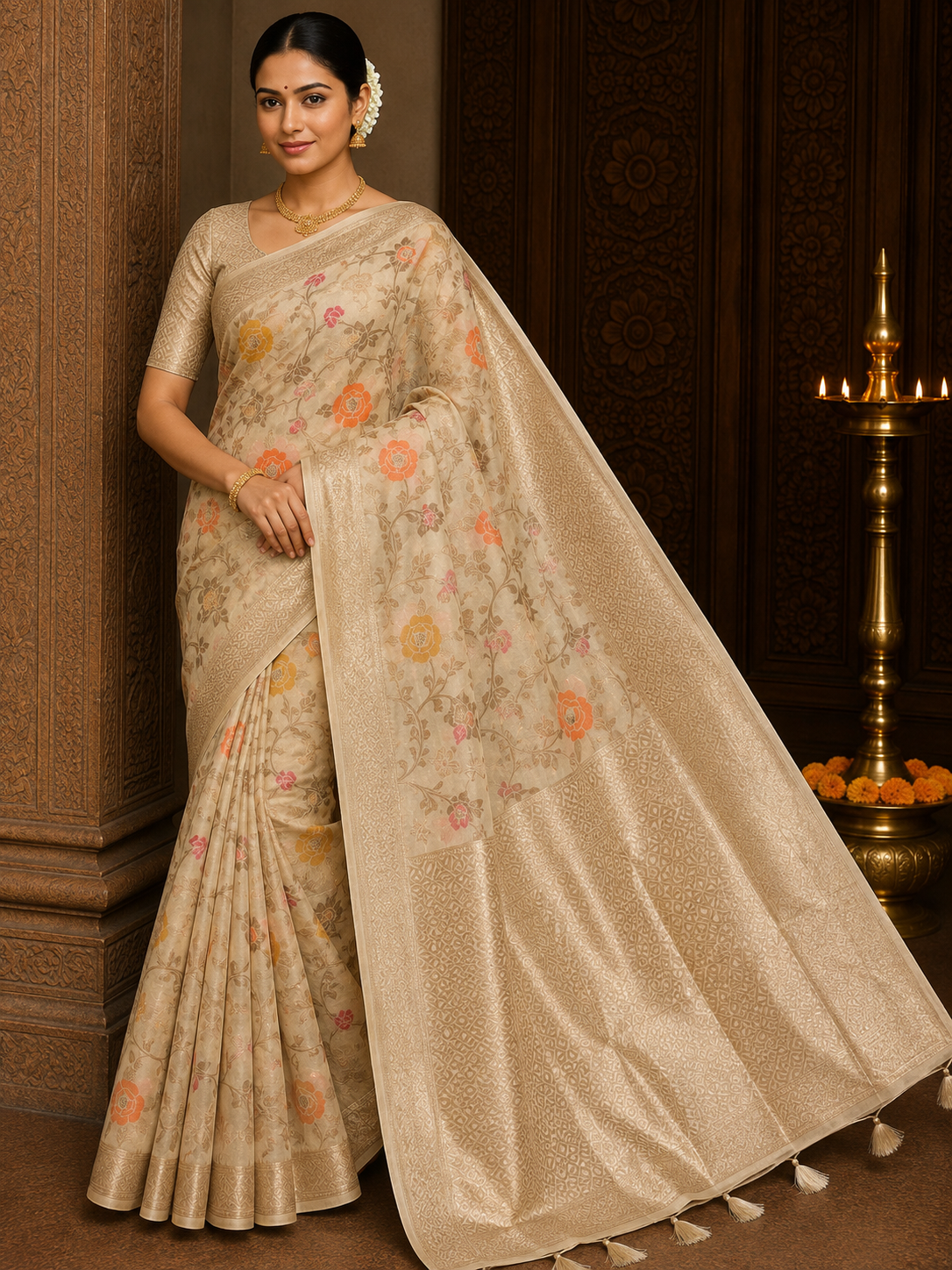 Champagne Beige Cotton Silk Saree with Multicolour Floral Weave & Zari Pallu