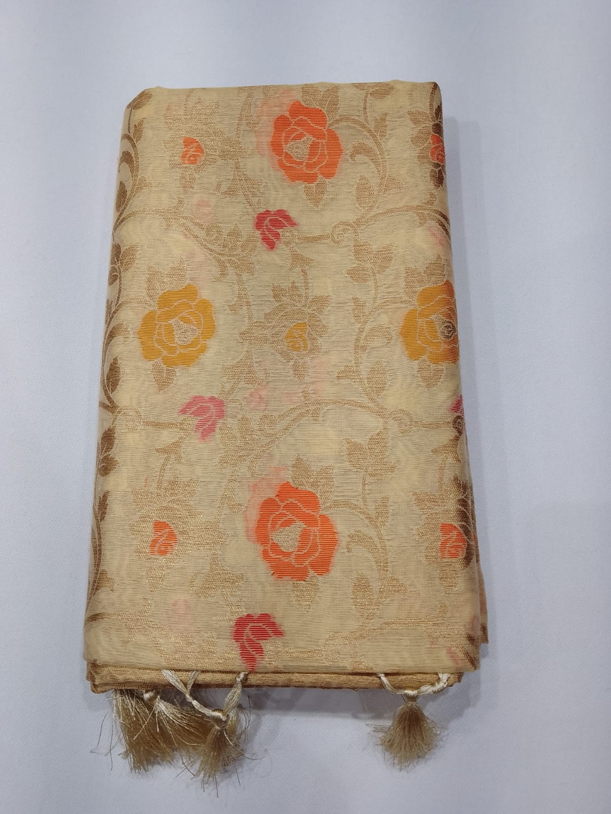 Champagne Beige Cotton Silk Saree with Multicolour Floral Weave & Zari Pallu