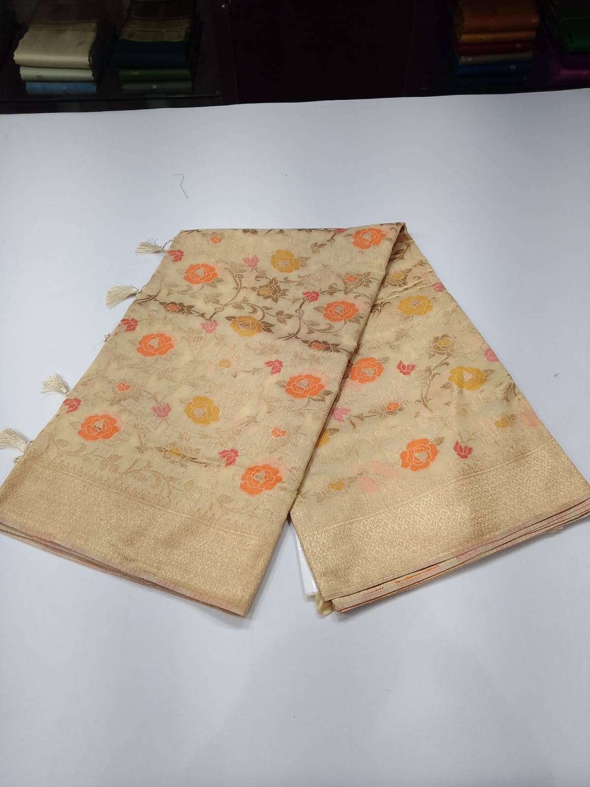Champagne Beige Cotton Silk Saree with Multicolour Floral Weave & Zari Pallu