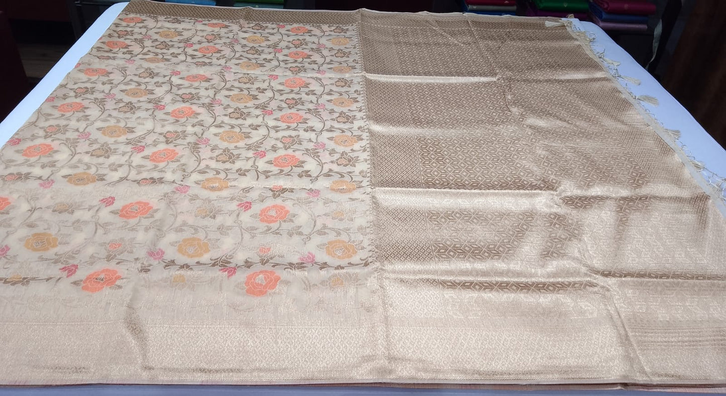 Champagne Beige Cotton Silk Saree with Multicolour Floral Weave & Zari Pallu