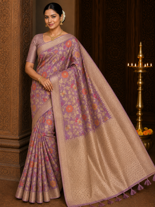 Mauve Purple Cotton Silk Saree with Floral Zari Weave & Rich Golden Pallu