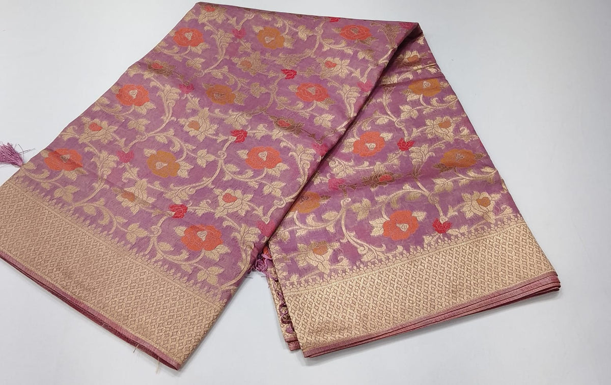 Mauve Purple Cotton Silk Saree with Floral Zari Weave & Rich Golden Pallu