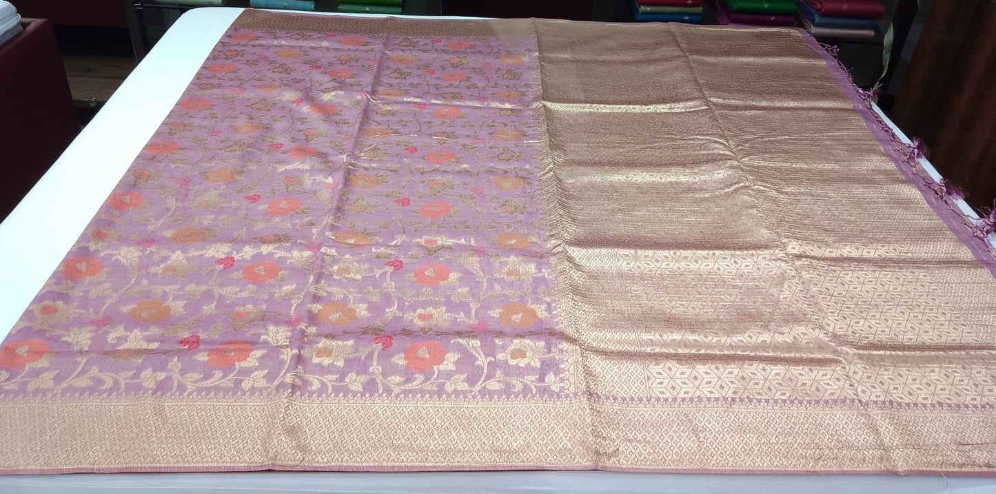 Mauve Purple Cotton Silk Saree with Floral Zari Weave & Rich Golden Pallu