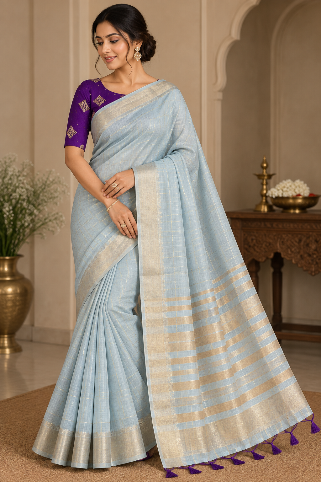 Powder Blue Linen Saree with Antique Gold Zari & Purple Blouse