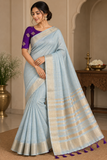 Powder Blue Linen Saree with Antique Gold Zari & Purple Blouse
