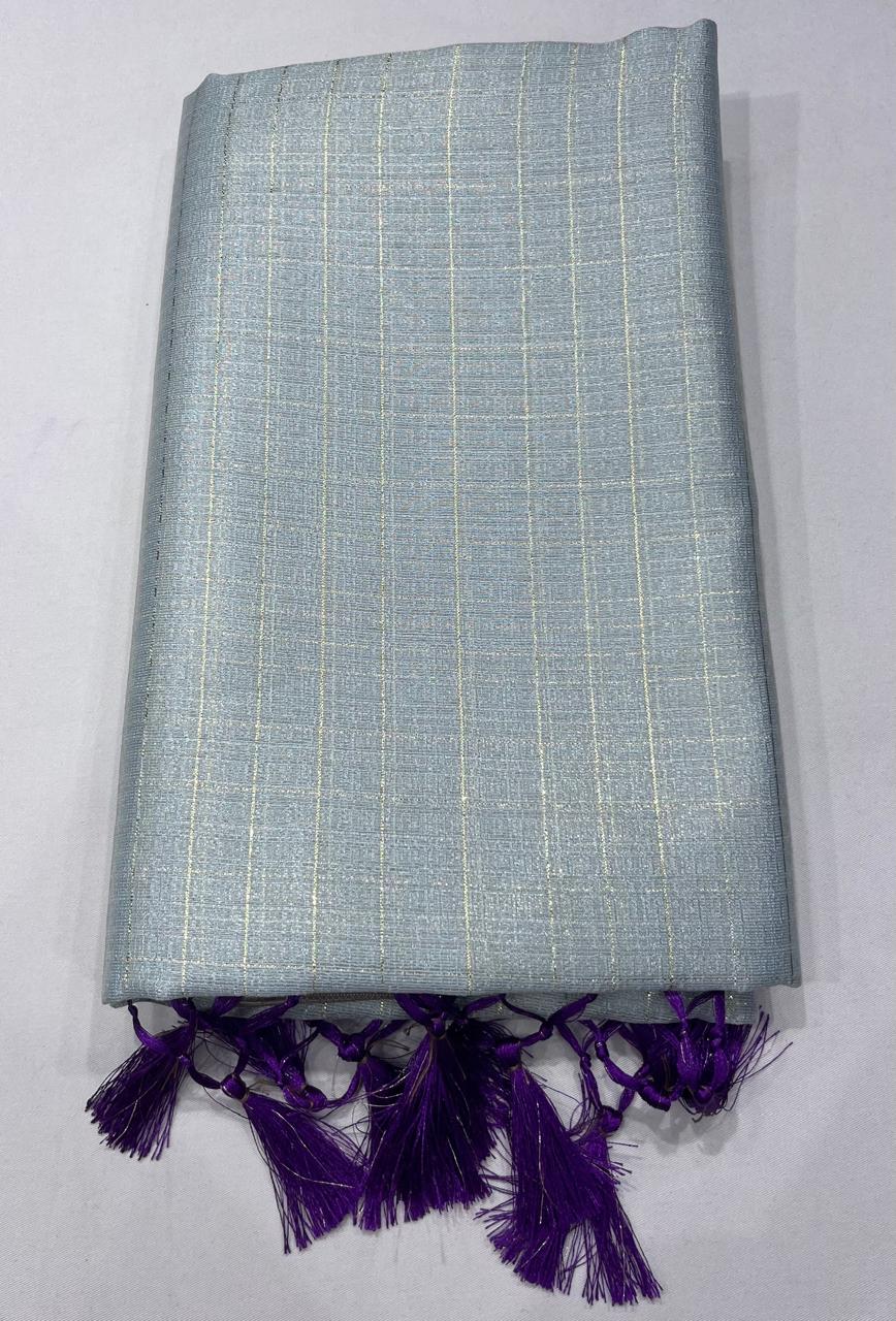 Powder Blue Linen Saree with Antique Gold Zari & Purple Blouse