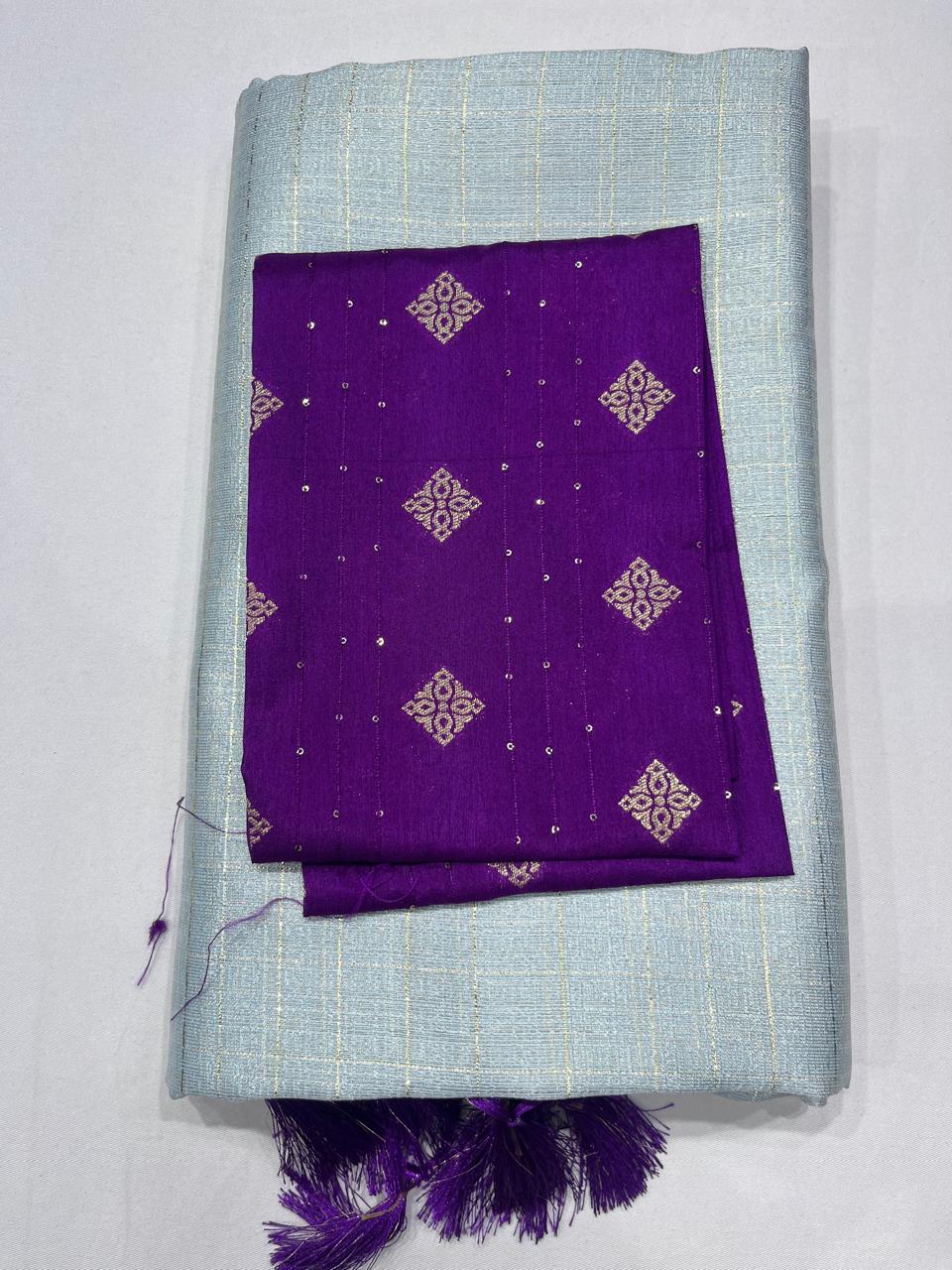 Powder Blue Linen Saree with Antique Gold Zari & Purple Blouse