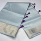 Powder Blue Linen Saree with Antique Gold Zari & Purple Blouse