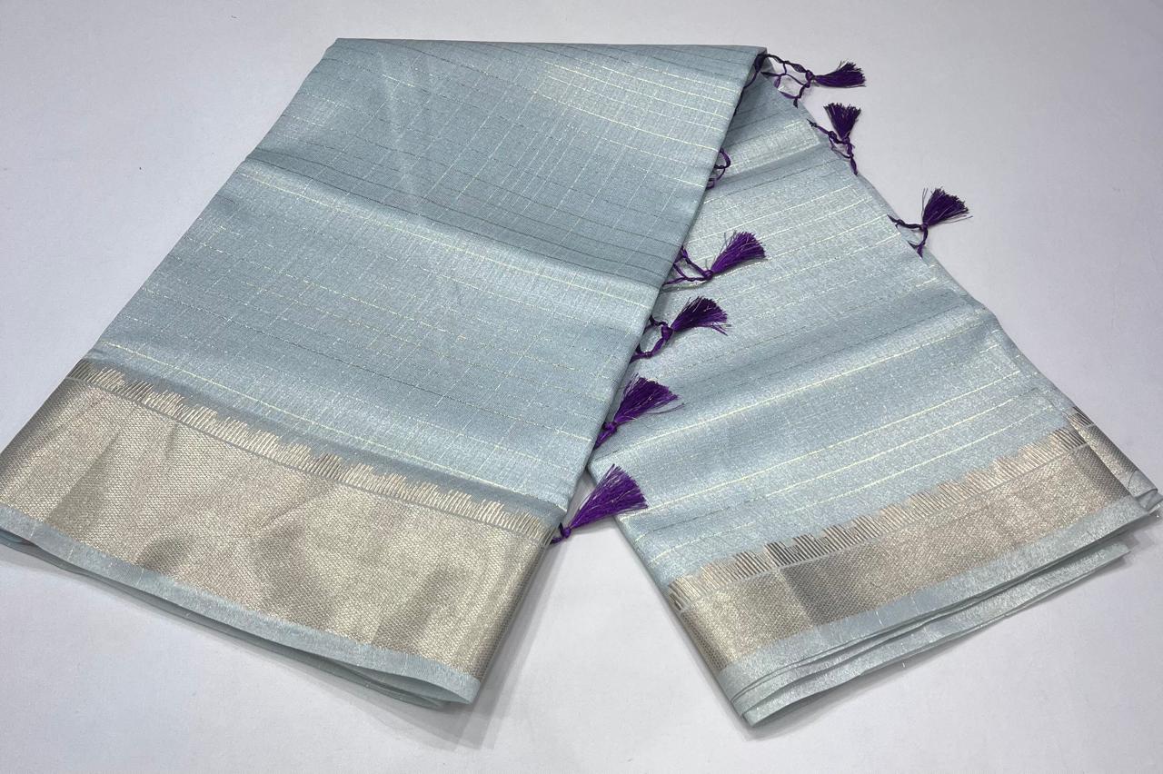 Powder Blue Linen Saree with Antique Gold Zari & Purple Blouse
