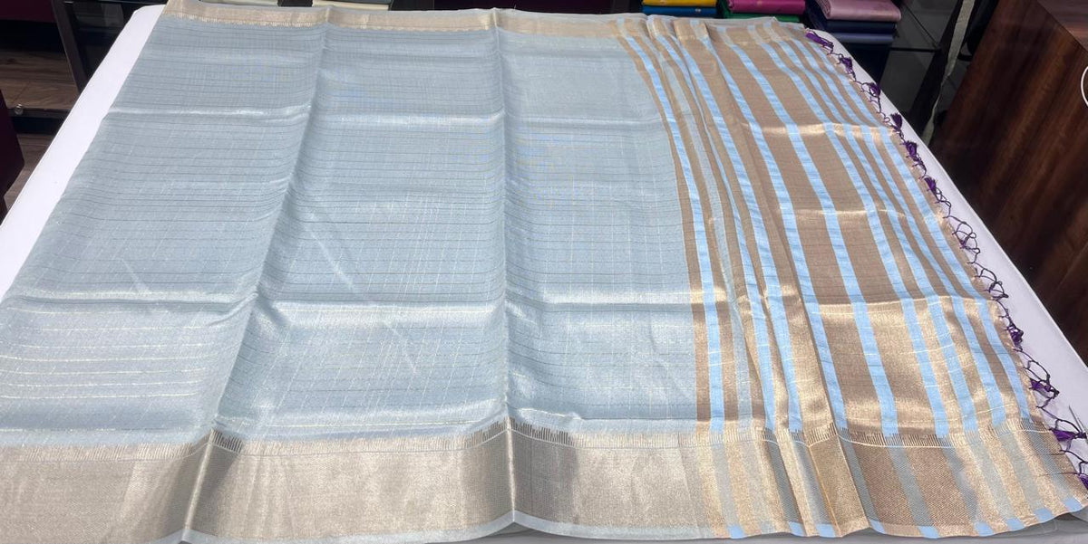Powder Blue Linen Saree with Antique Gold Zari & Purple Blouse