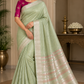 Sage Green Linen Saree with Silver Zari & Rani Pink Tassels