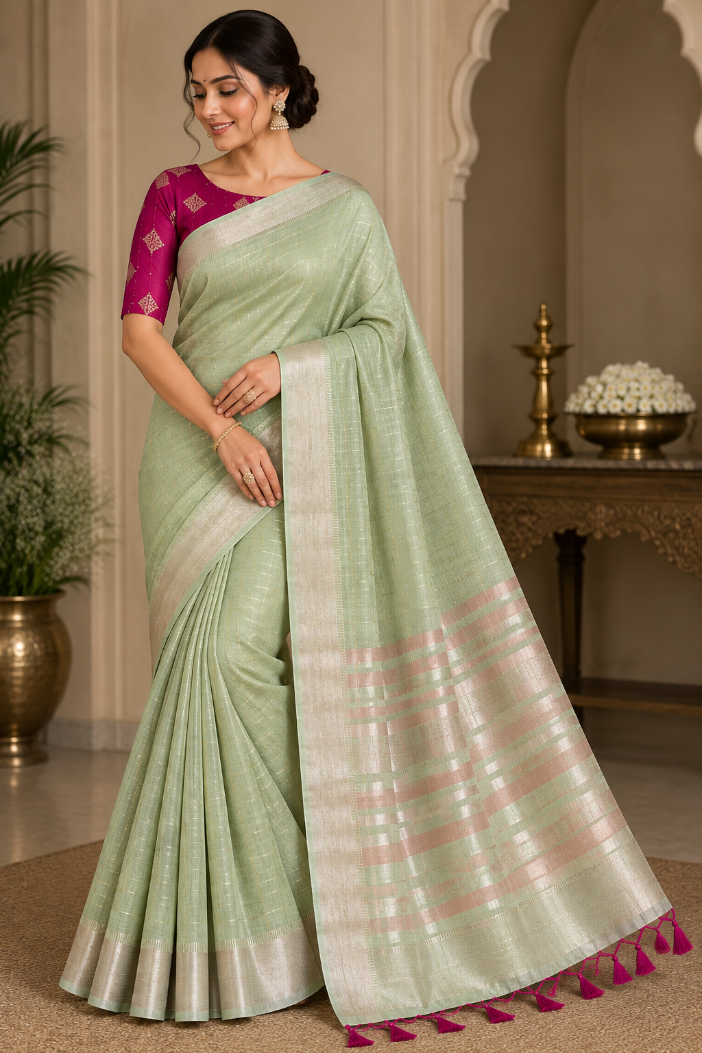 Sage Green Linen Saree with Silver Zari & Rani Pink Tassels
