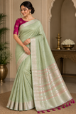 Sage Green Linen Saree with Silver Zari & Rani Pink Tassels