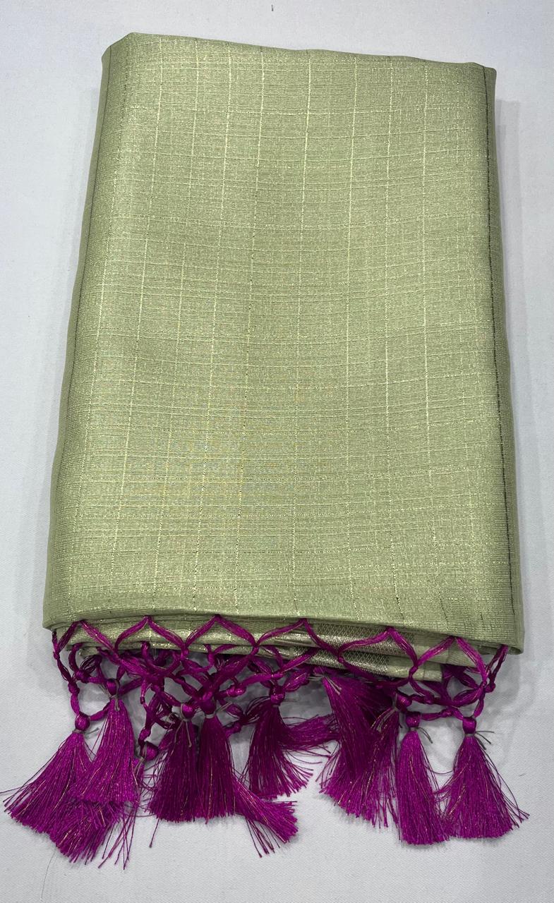 Sage Green Linen Saree with Silver Zari & Rani Pink Tassels