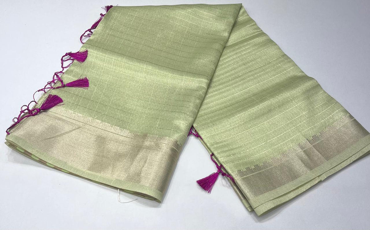 Sage Green Linen Saree with Silver Zari & Rani Pink Tassels