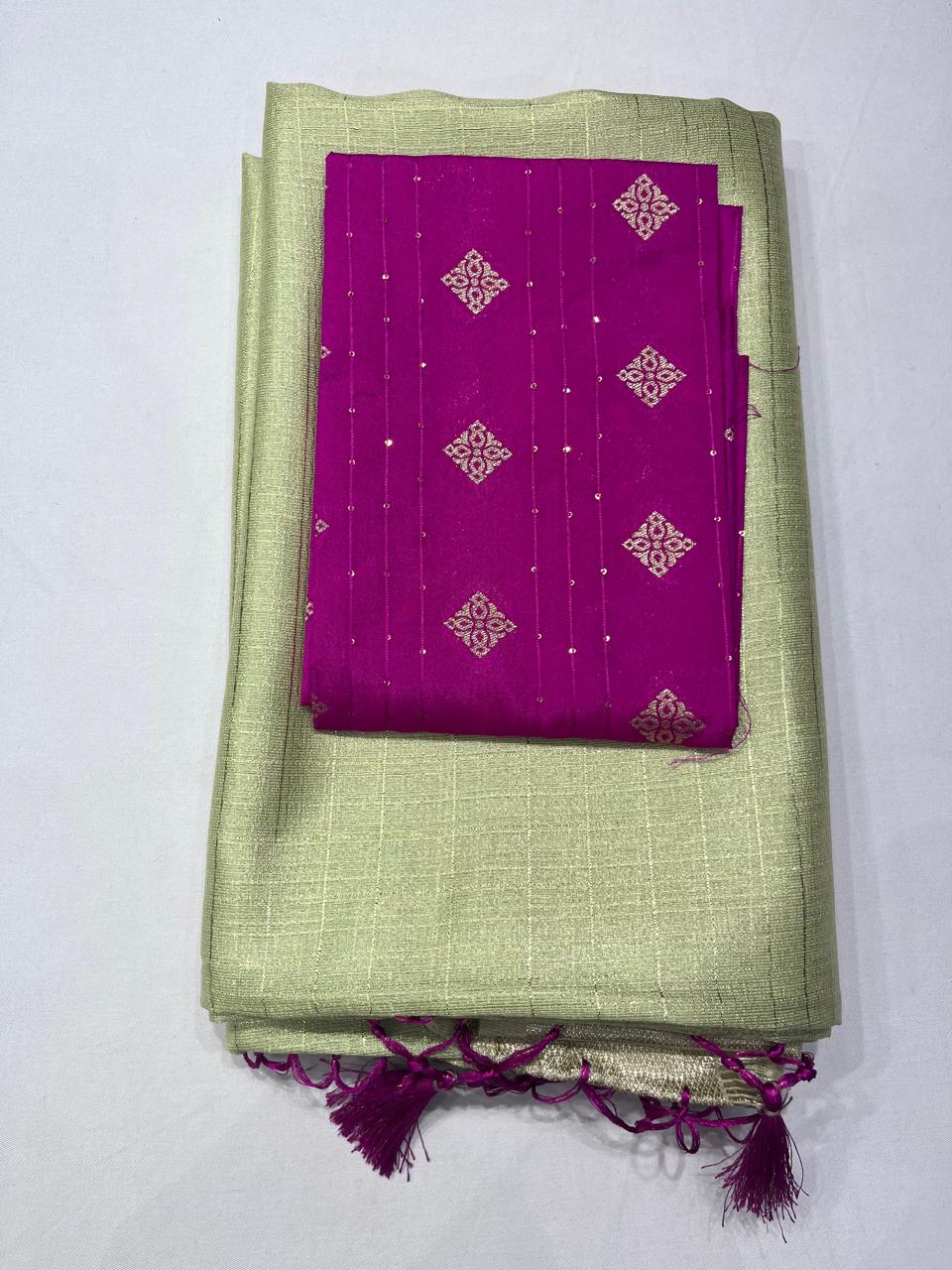 Sage Green Linen Saree with Silver Zari & Rani Pink Tassels