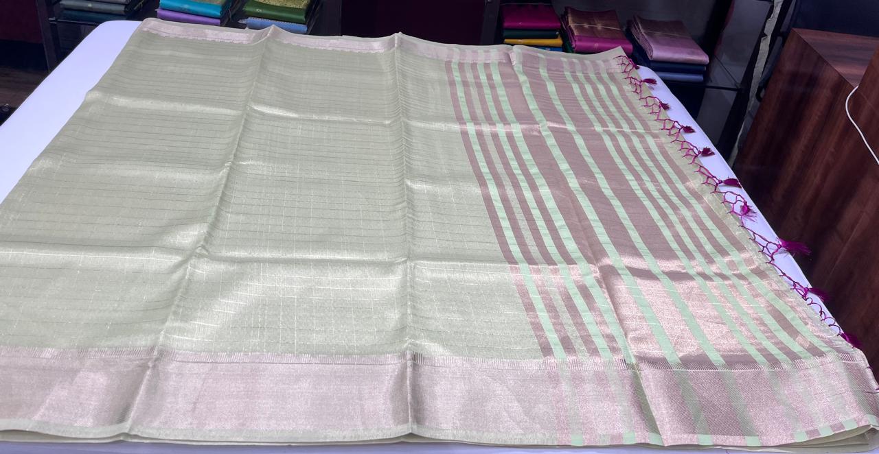 Sage Green Linen Saree with Silver Zari & Rani Pink Tassels