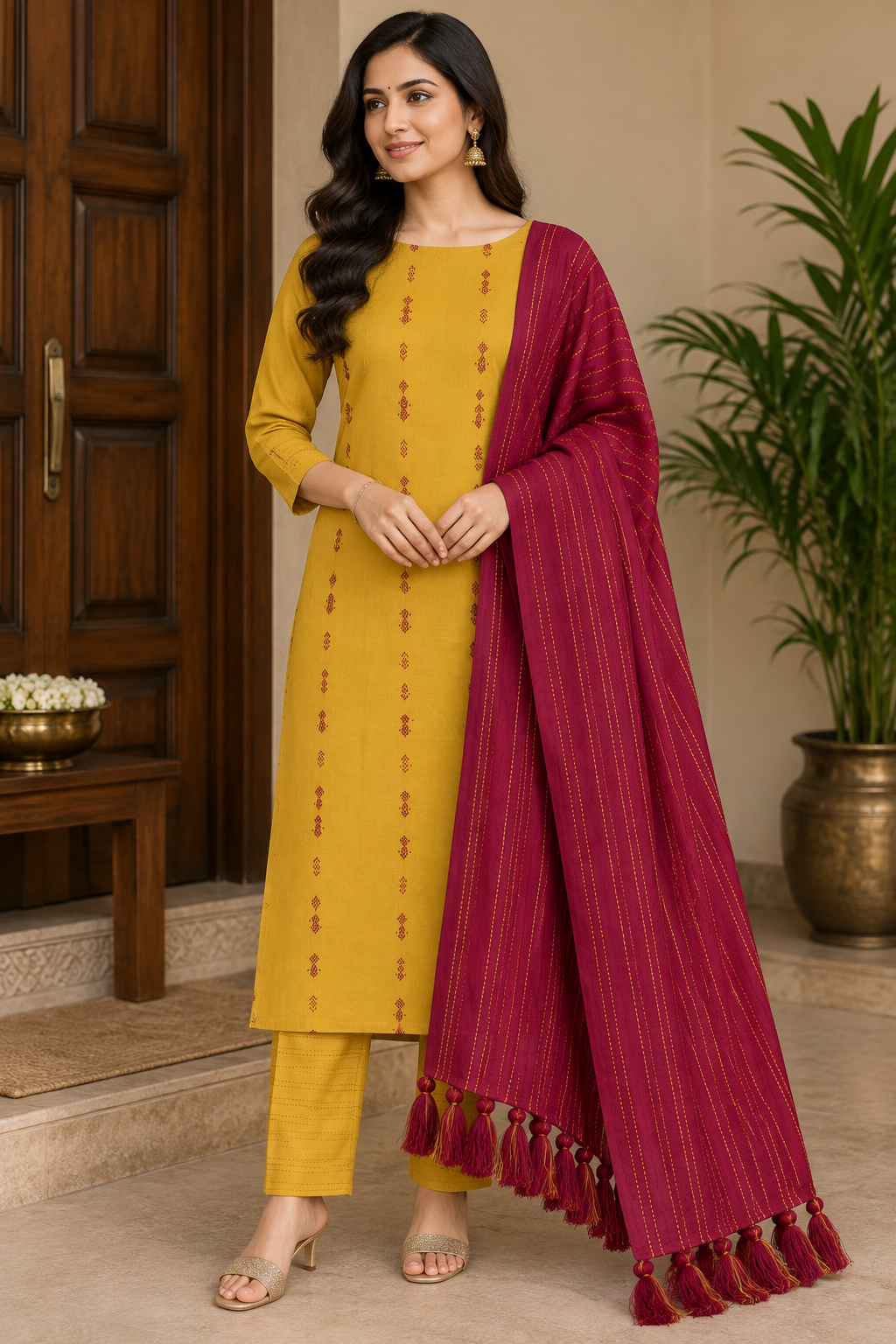 Mustard Yellow & Maroon Cotton Silk Unstitched Salwar Suit Set