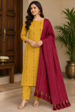 Mustard Yellow & Maroon Cotton Silk Unstitched Salwar Suit Set